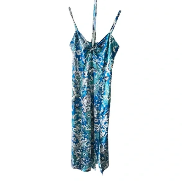 Boston Proper Stamped Floral Blues Print Necklace Detail  Maxi Dress, Size 10 - Picture 7 of 11